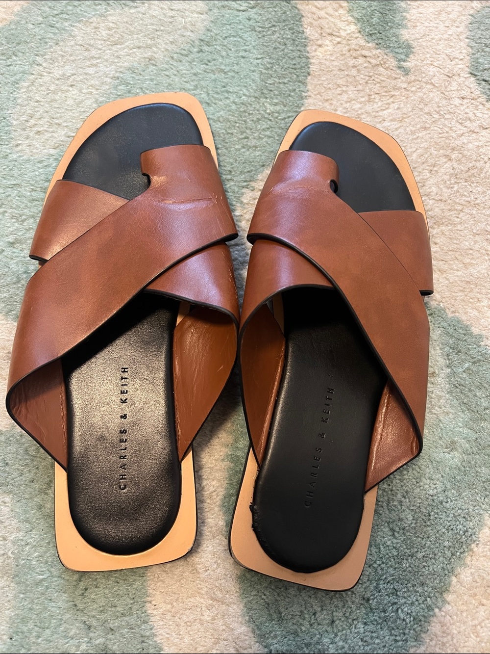 Charles & Keith Tan Brown Leather Crossband Slide Sandals